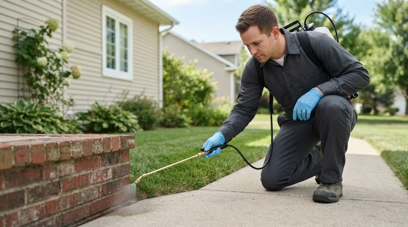 Pest control technician treating a home near Lowmansville, KY